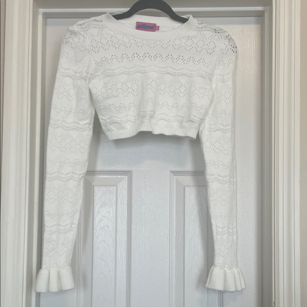 Edikted White Cropped Pointelle Knit Top